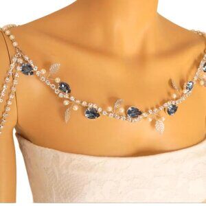 High-end shoulder necklace with blue crystals, pearls, and silver leaves